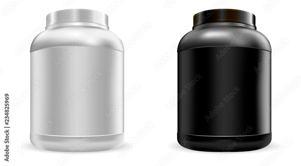Big protein nutrition jars mockup set. Sports food gainer can. Vector whey protein bottles template in black and white color. Big protein nutrition jars mockup set. Sports food gainer can. Vector whey protein bottles template in black and white color.