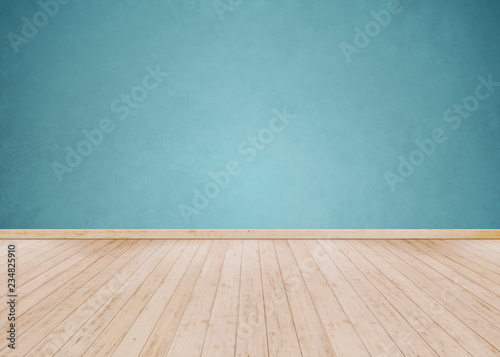 Light Blue cement wall with Wooden floor
