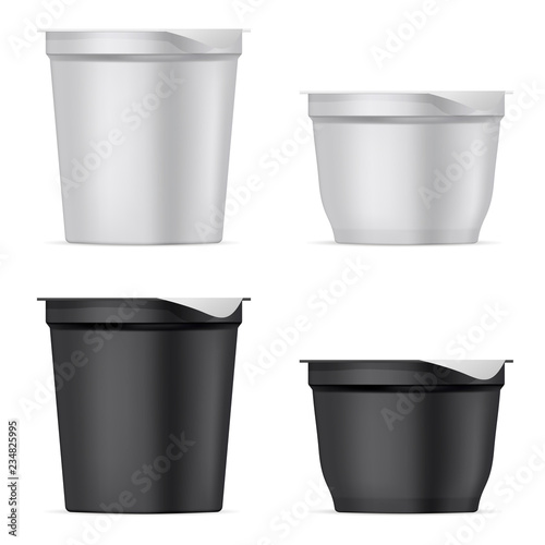 Round silver white and black matte plastic or paper pots set with foil cover for yogurt, cream, dessert or jam. Realistic packaging mockup template. Vector 3d illustration.