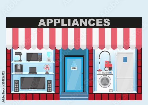 Household appliances store. The interior of the building with a canopy, glass window. Vector illustration. EPS10