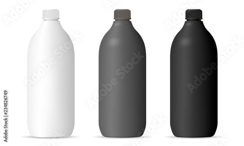 Bottles mockup set for cosmetic or household products. Cylinder Packaging containers in matte black  white or gray color plastic for shampoo  gel  lotion  hair and body products  chemistry.