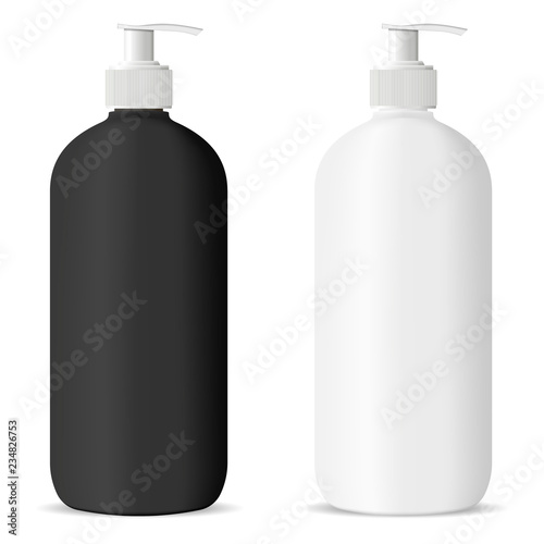 Round Cosmetic bottles with dispenser pump lid in black and white color. Cosmetic container for next products: cream, moisturizer, shampoo, mask, soap and other liquids. 3d vector illustration.