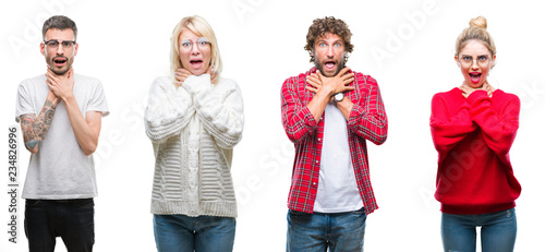 Fotografía Collage of group of young people over white isolated background shouting and suffocate because painful strangle