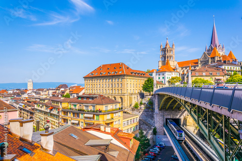 Lausanne gothic cathedral Behind Charles Bessieres bridge, Switzerland photo