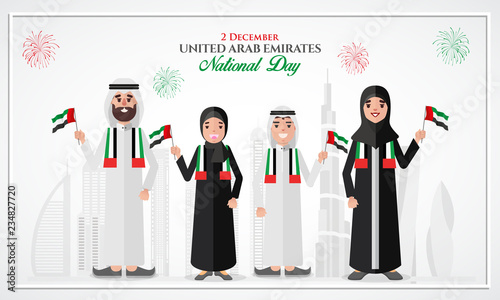 UAE national Day greeting card. Cartoon Emirati family holding UAE national flag celebrating United Arab Emirates National Day. vector illustration for banner, flyer and poster