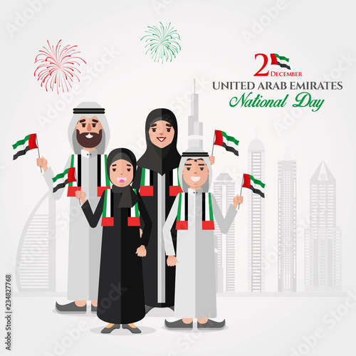 UAE national Day greeting card. Cartoon Emirati family holding UAE national flag celebrating United Arab Emirates National Day. vector illustration for banner, flyer and poster