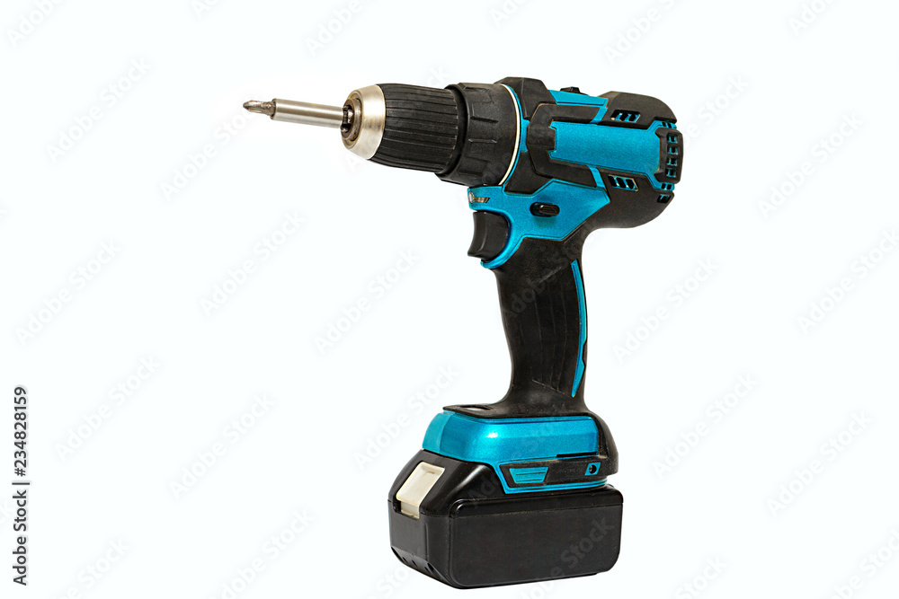 Cordless electric screwdriver with a power bit isolated on white background Cordless electric screwdriver with a power bit isolated on white background