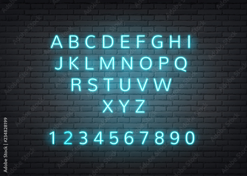 Vector neon alphabet retro letters on brick wall Vector neon alphabet retro letters on brick wall