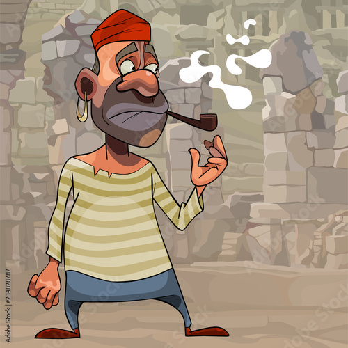 cartoon man in pirate clothes smoking a pipe