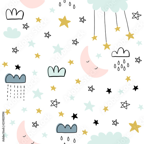 Cute seamless pattern for kids, baby apparel, fabric, textile, wallpaper, bedding, swaddles with stars, clouds, hearts, moon