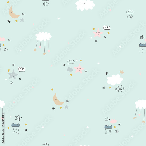 Cute seamless pattern for kids, baby apparel, fabric, textile, wallpaper, bedding, swaddles with stars, clouds, hearts, moon