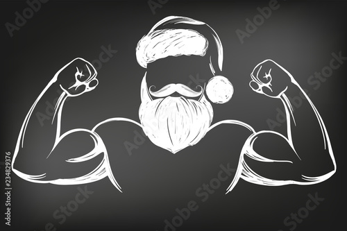 Santa Claus strongman, sport, Christmas symbol hand drawn vector illustration sketch drawn in chalk on a black board