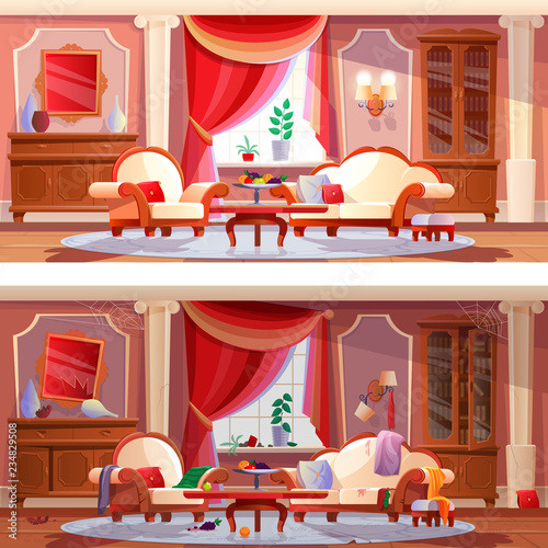 Interior dirty, clean living room. Condition of before, after cleaning.