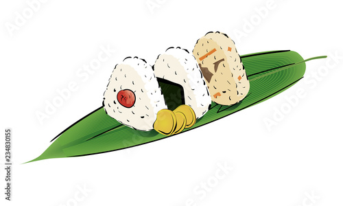 笹の葉に乗った3つのおにぎりのイラスト：おむすび・握り飯・オニギリ・米｜rice ball