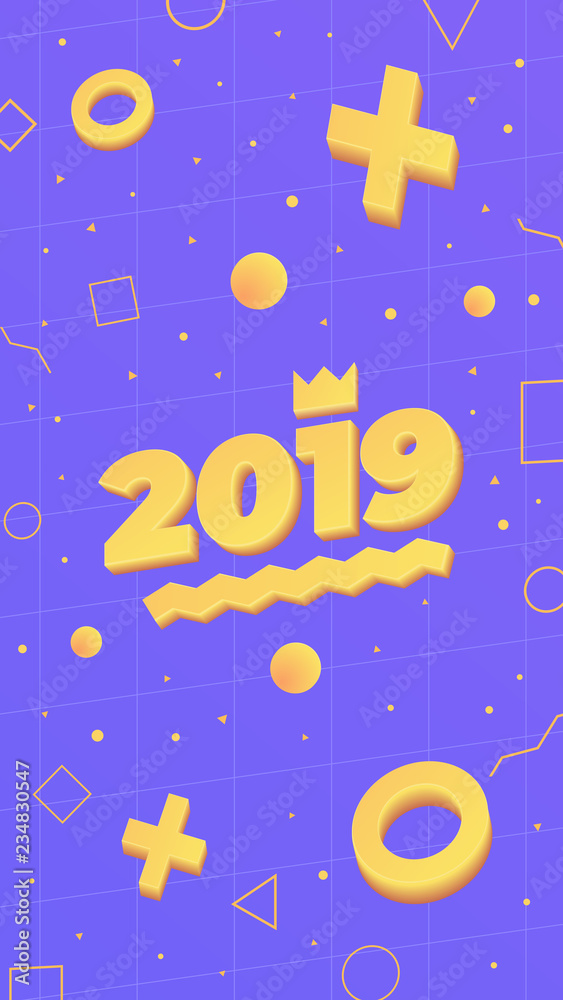 2019, Happy New Year. Greeting card with 2019 and geometric shapes in Memphis style. 3d letters and shapes. Holiday background, banner, poster. Vector Illustration