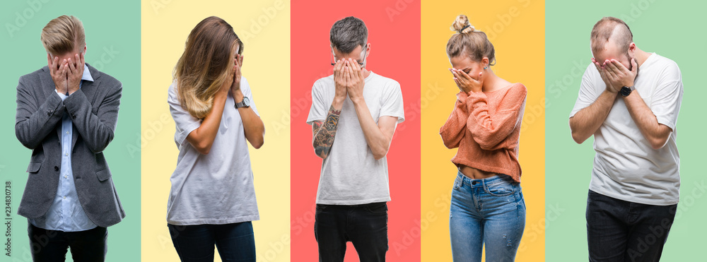 Collage of group people, women and men over colorful isolated background with sad expression covering face with hands while crying. Depression concept.
