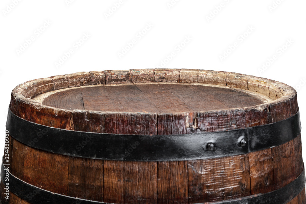 Wooden barrel with iron rings. Isolated on white background. Wooden barrel with iron rings. Isolated on white background.