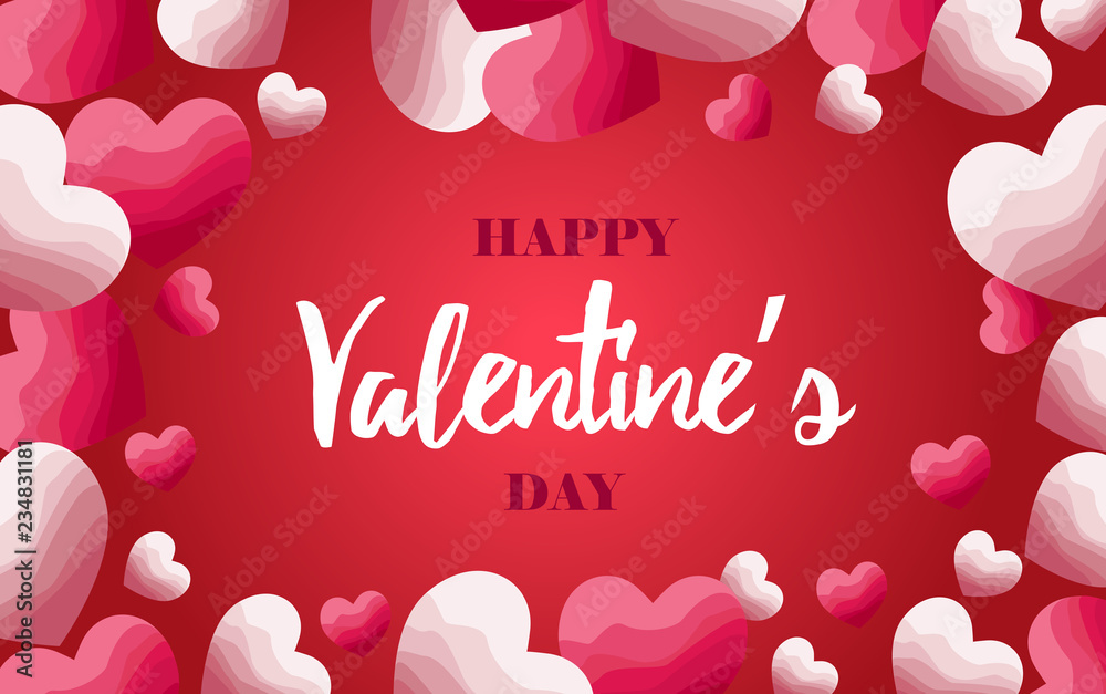 Red and pink hearts with gradient background. Vector illustration. Happy valentine's day concept. 