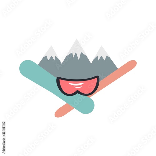Ski and snowboard logo. ski goggles, mountains, ski and snowboard. Extreme winter sport. flat vector illustration.