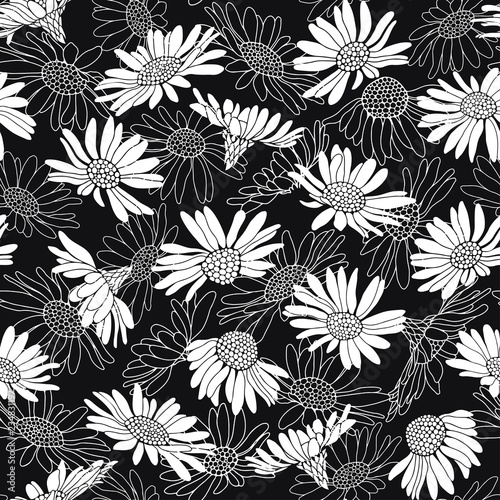 Seamless pattern with daisy flowers. Monochrome vector illustration on a black background.