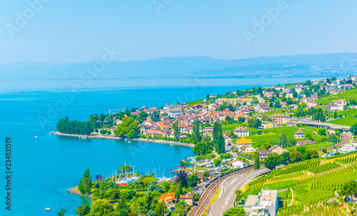 Aerial view of Bourg en Lavaux, Lutry and Geneva lake in Switzerland photo