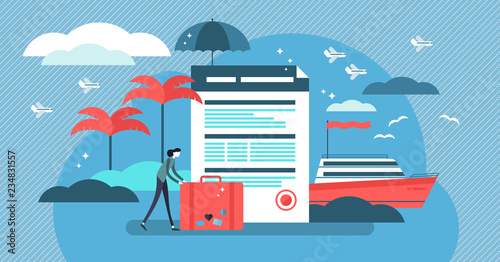 Travel insurance vector illustration with stylized tourist and agreement.