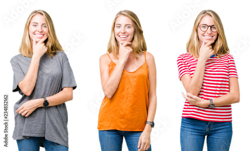 Collage of beautiful blonde woman over white isolated background looking confident at the camera with smile with crossed arms and hand raised on chin. Thinking positive.