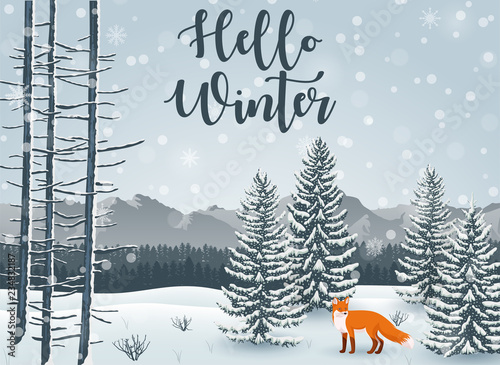 Happy Winter with Forest Landscape and fox animal