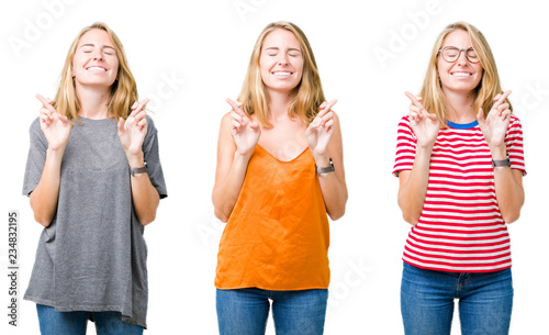 Collage of beautiful blonde woman over white isolated background smiling crossing fingers with hope and eyes closed. Luck and superstitious concept.