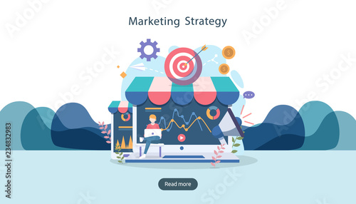 digital marketing strategy concept with tiny people character. online ecommerce business in modern flat design template for web landing page, banner, presentation, social media. Vector illustration.