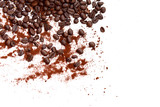 Coffee bean and coffee powder on white background
