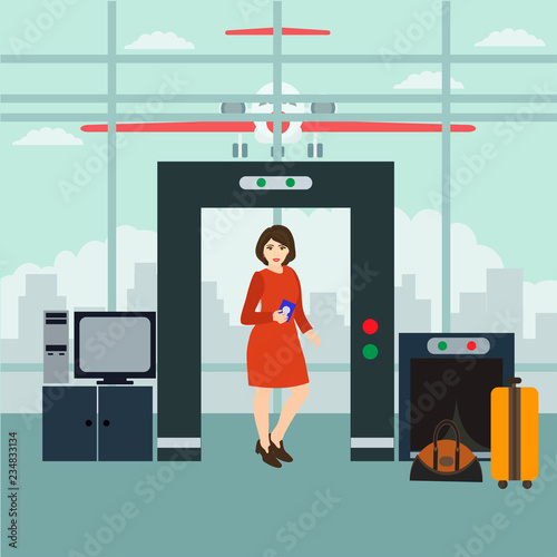 Vector illustration of security  scanning passenger with metal detector. Airport terminal, security checkpoint concept design element.