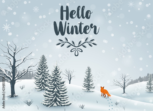 Happy Winter with Landscape and fox animal