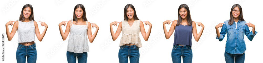 Collage of asian young woman standing over white isolated background looking confident with smile on face, pointing oneself with fingers proud and happy. Collage of asian young woman standing over white isolated background looking confident with smile on face, pointing oneself with fingers proud and happy.