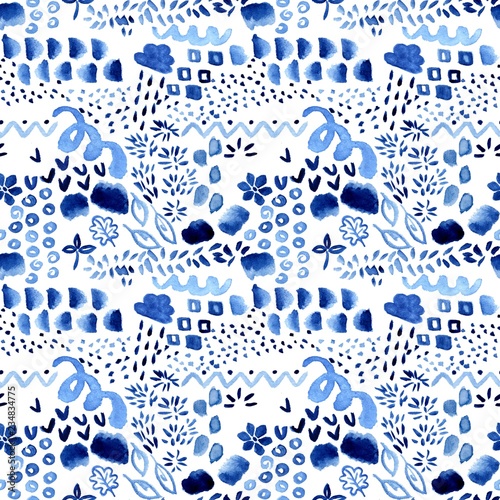 Abstract seamless pattern with different graphic elements - funny child watercolor illustration in blue colors