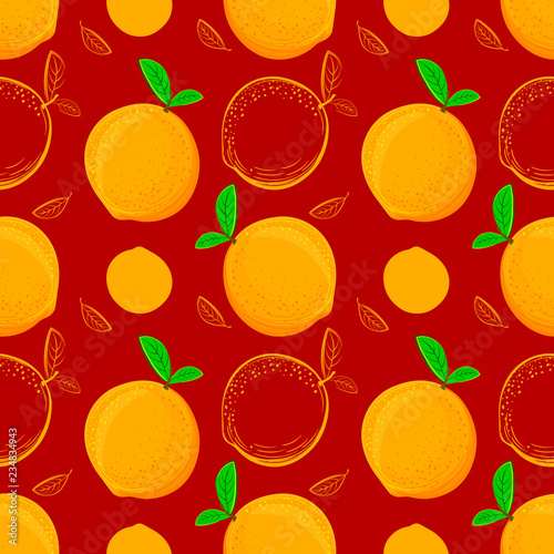 Fototapeta Naklejka Na Ścianę i Meble -  Orange vector seamless pattern. Sketch oranges. Citrus fruit background. Elements for menu, greeting cards, wrapping paper, cosmetics packaging, posters etc