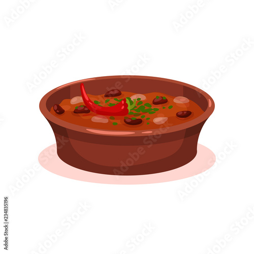 Meat stew with bean in a bowl, Bulgarian cuisine national food dish vector Illustration on a white background