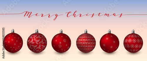 Red Christmas Balls isolated. Happy New year. spheres with different simple ornaments. copyspace.