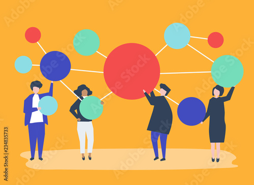 People holding connected copy space circle icons illustration