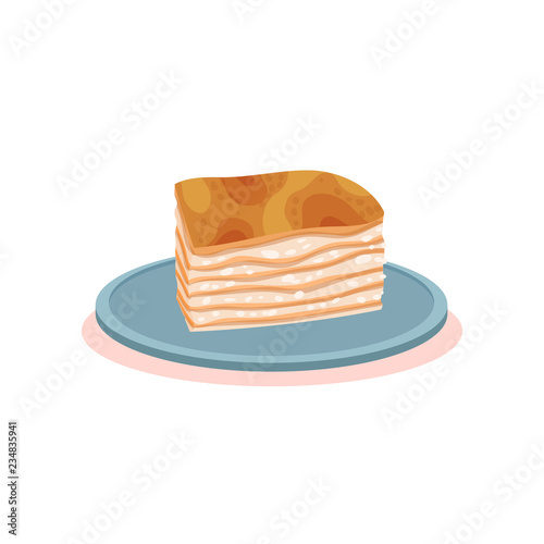 Puff milk pastry cake with cream, Bulgarian cuisine national food dish vector Illustration on a white background