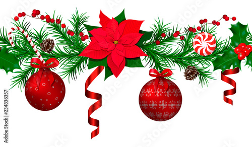 Christmas and new year decoration garland template with fir tree, red ornated metallic shiny christmas balls,