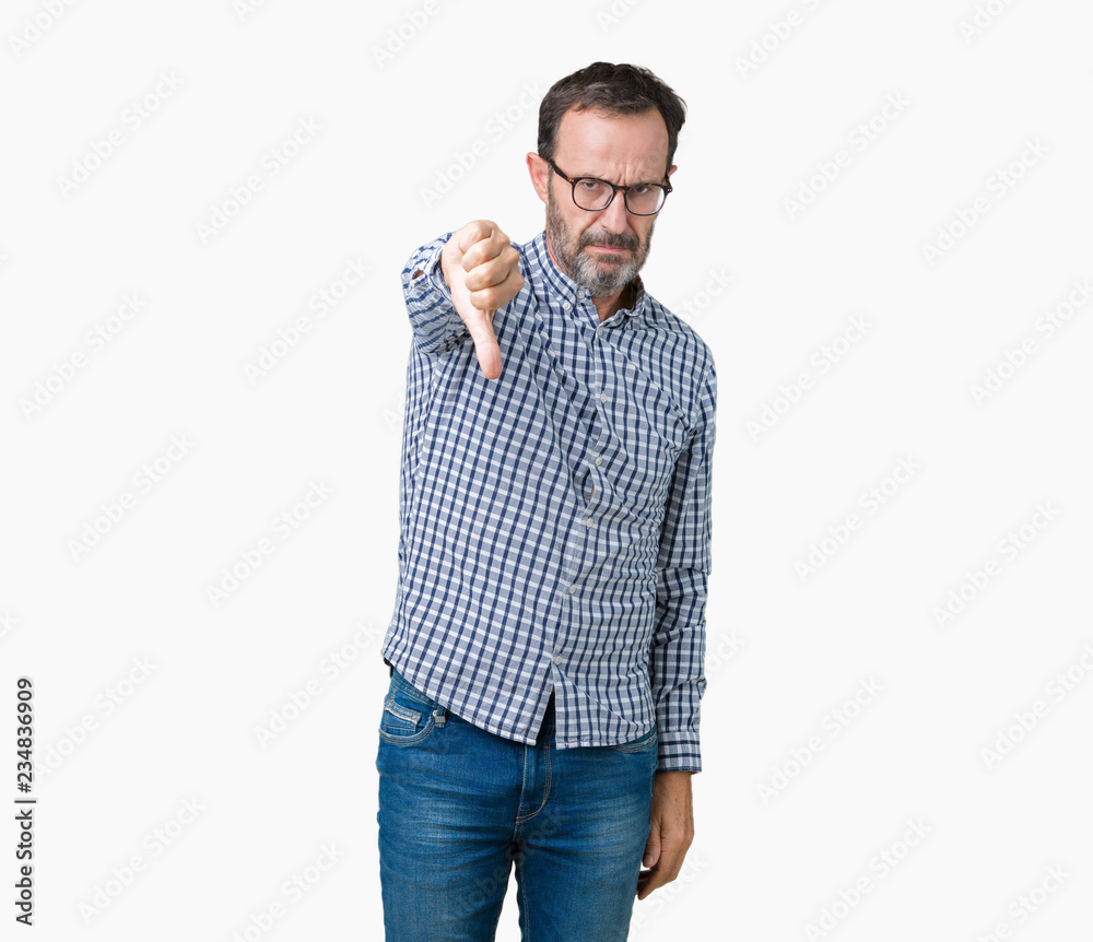 Handsome middle age elegant senior business man wearing glasses over isolated background looking unhappy and angry showing rejection and negative with thumbs down gesture. Bad expression. Handsome middle age elegant senior business man wearing glasses over isolated background looking unhappy and angry showing rejection and negative with thumbs down gesture. Bad expression.