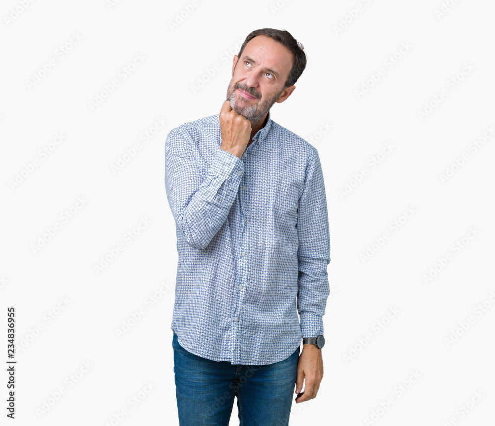Handsome middle age elegant senior man over isolated background with hand on chin thinking about question, pensive expression. Smiling with thoughtful face. Doubt concept. Handsome middle age elegant senior man over isolated background with hand on chin thinking about question, pensive expression. Smiling with thoughtful face. Doubt concept.