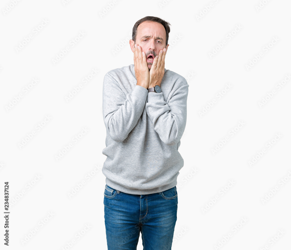 Handsome middle age senior man wearing a sweatshirt over isolated background Tired hands covering face, depression and sadness, upset and irritated for problem