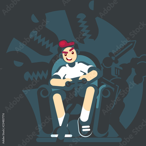 Happy gamer playing video game sitting on the couch sofa. Gamepad in hands. An excited young man playing video game rpg mmo pc console at home. Vector flat design illustration