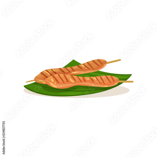 Malaysian chicken satay on wooden sticks. Traditional Asian barbecue on banana leaf. Street food. Flat vector design