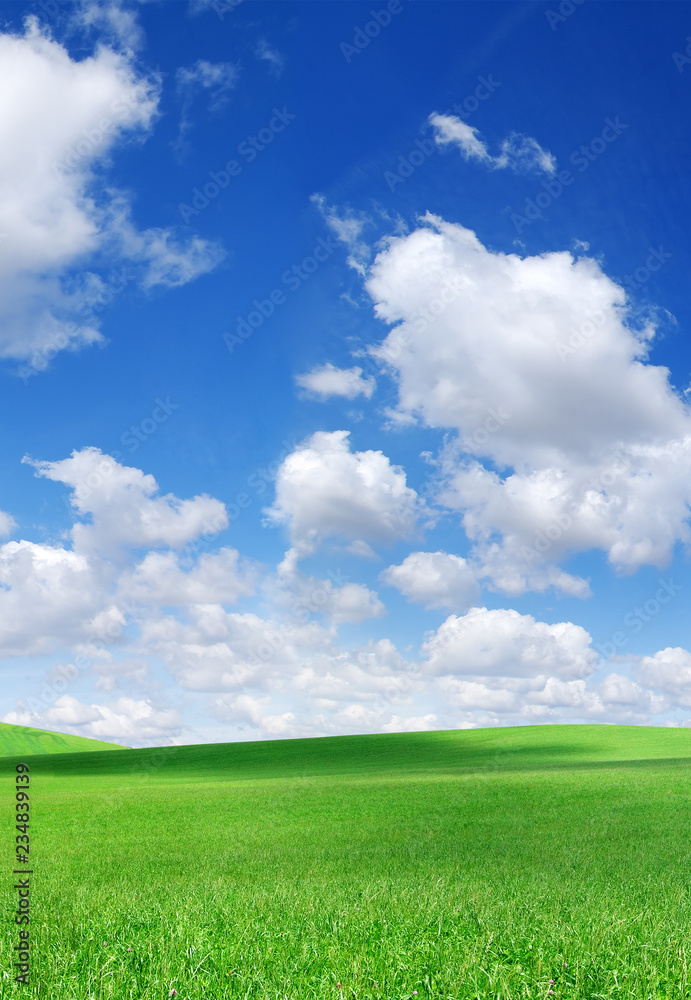 Idyllic view, green hills and blue sky with white clouds