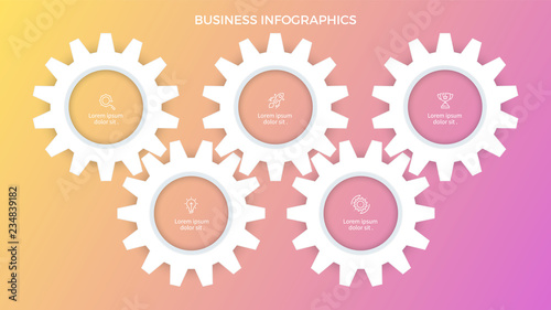 Business infographics. Timeline with 5 steps, options, gears. Vector template.