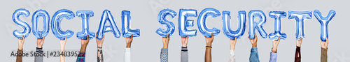 Hands holding social security word in balloon letters