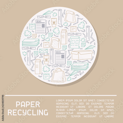 Paper recycling info poster. Line style vector illustration. There is place for your text